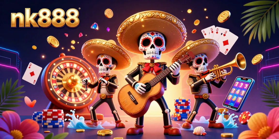 Spin and win at nk888 with a vibrant mariachi band and exhilarating casino elements in 3D illustration.