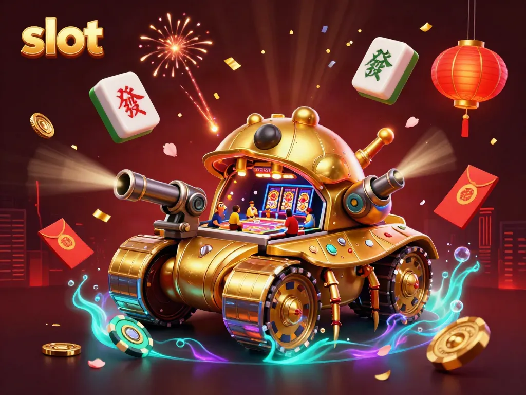 Engaging slot scene with a massive golden beetle tank casino, tiny players, and festive elements.
