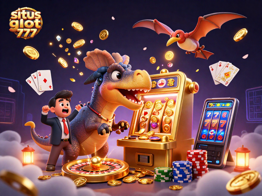 Situs slot gacor 777 features a dinosaur winning jackpots at a slot machine surrounded by coins in a lively casino.