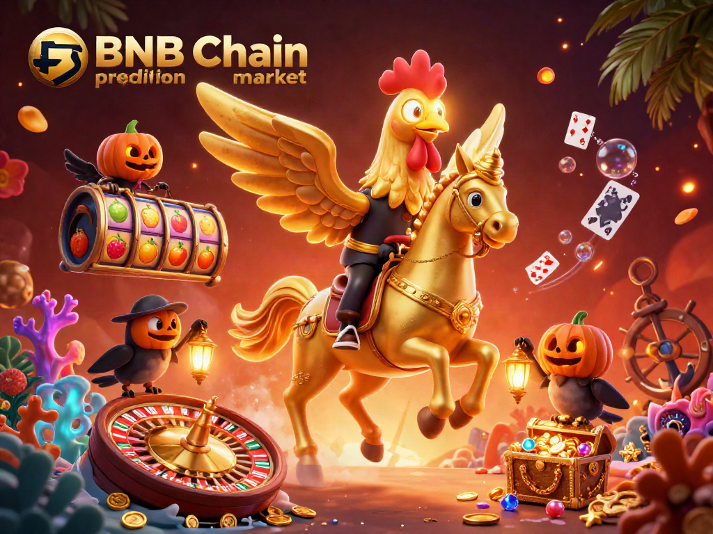 Engage with the BNB Chain prediction market in this vibrant, casino-themed 3D illustration featuring dynamic elements.