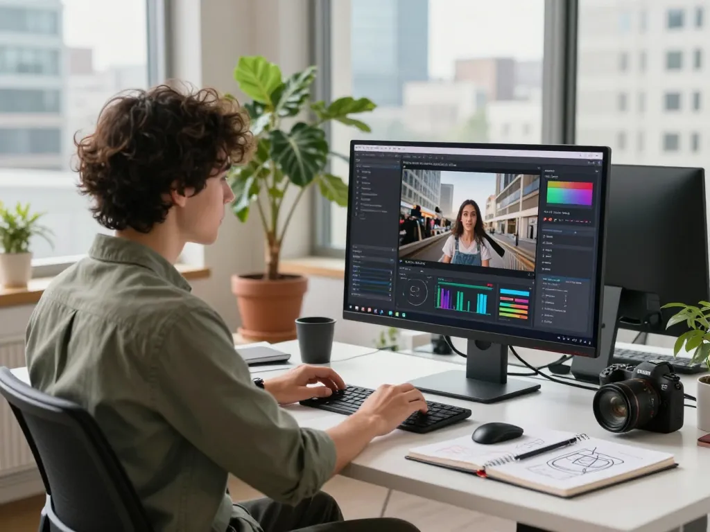 Generating video to prompt analysis in a vibrant creative workspace with AI tools.