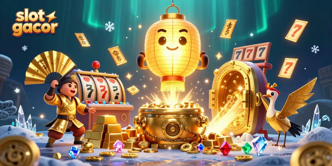 Engage with stunning slot gacor action featuring a magical lantern spirit amidst piles of jewels and slot reel excitement.