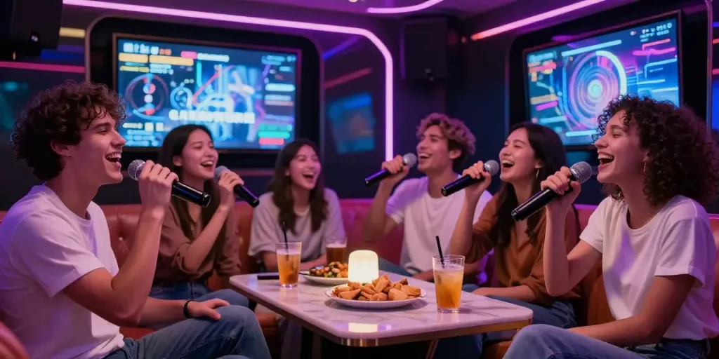 강남도파민에서 친구들과 즐거운 시간을 보내는 모습, 현대적인 가라오케 룸의 밝은 네온 조명과 아늑한 분위기.