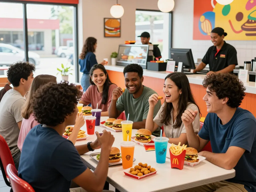 Fast food menu items enjoyed by friends in lively restaurant setting.