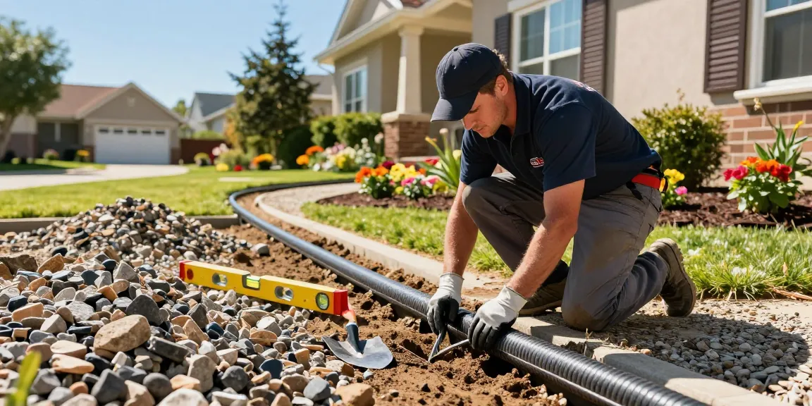 Expert Drainage Services in Fort Worth, TX: technician installing French drain in landscaped garden