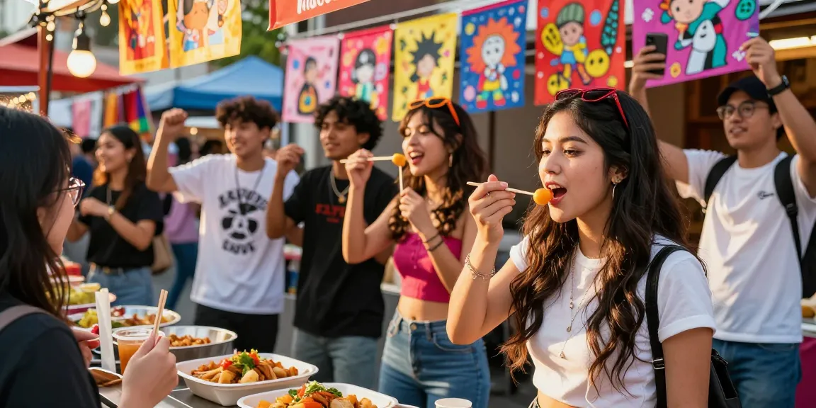 Diverse group celebrating Asian pop culture at NAGA2000 - Hana, Dul, Talk! vibrant market scene with food and fashion.