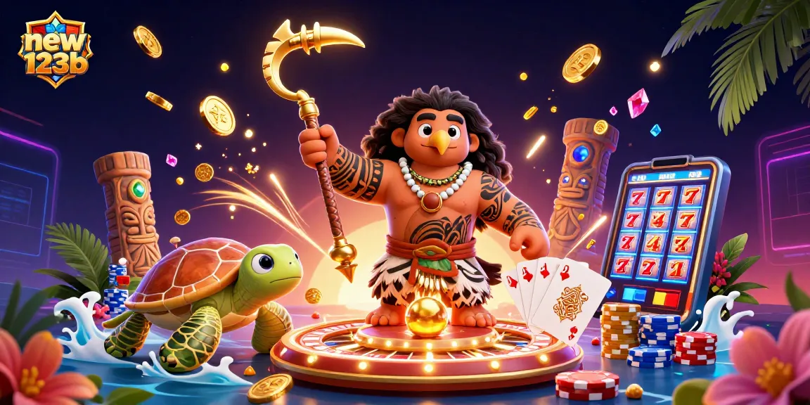 Engage with new123b's vibrant casino scene, featuring a demigod and treasure-filled slots.