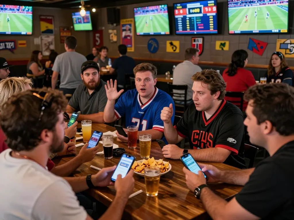 Boca Raton Construction Litigation Lawyer reviewing betting strategies at a lively sports bar with friends.