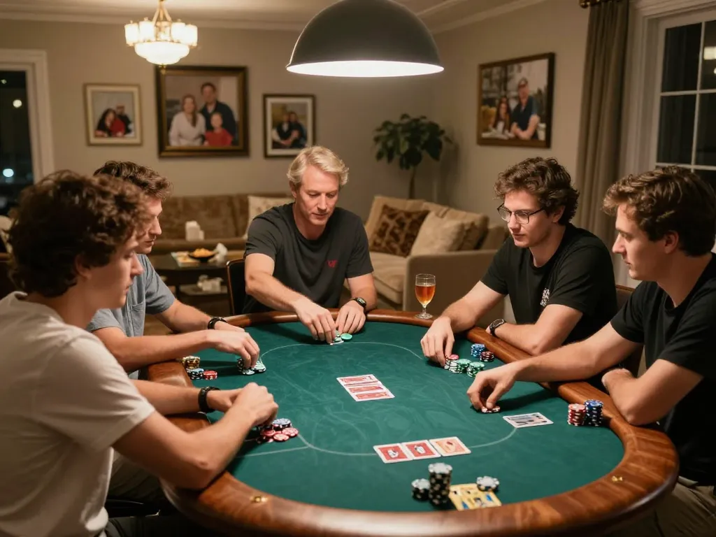 Players engaged in a strategic poker night at home, showcasing the thrill of 388bet gaming.