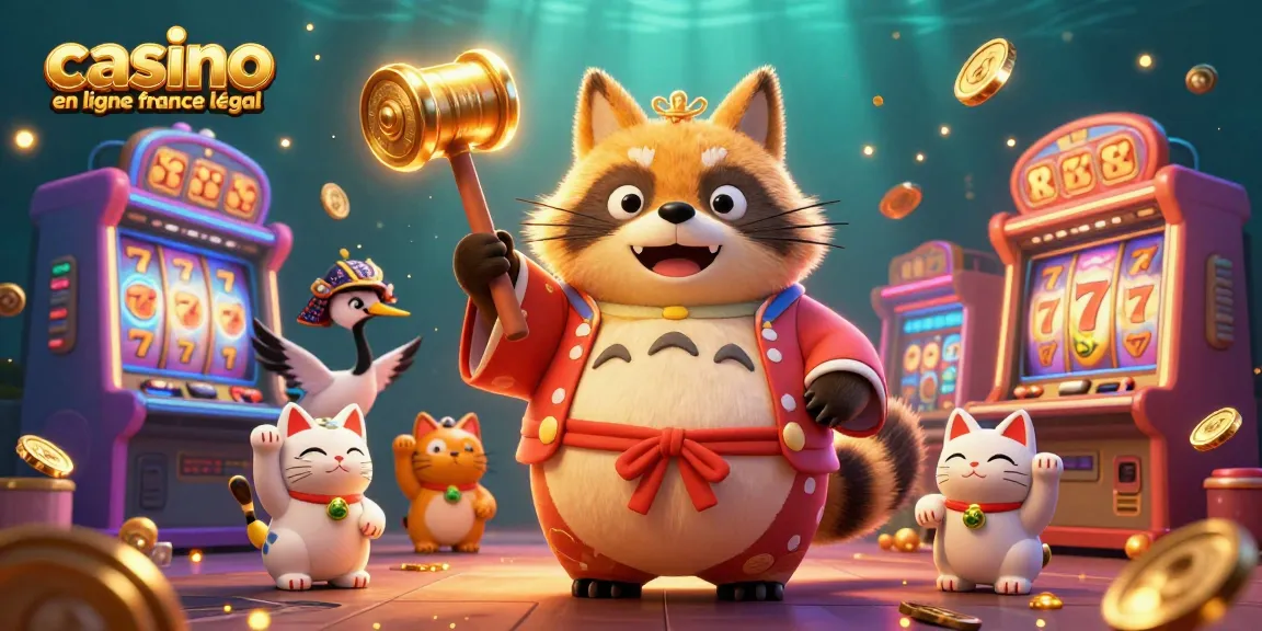 Illustration dynamique de casino en ligne France légal avec un tanuki chanceux et des machines à sous animées.
