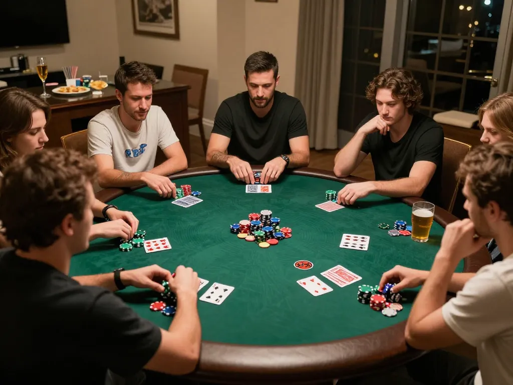 Friends enjoying a lively poker game night, strategizing their bets at the table, 58wiin experience.