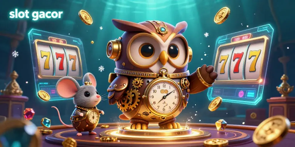 Engage with slot gacor's vibrant scene featuring a steampunk owl, slot reels, and gems.