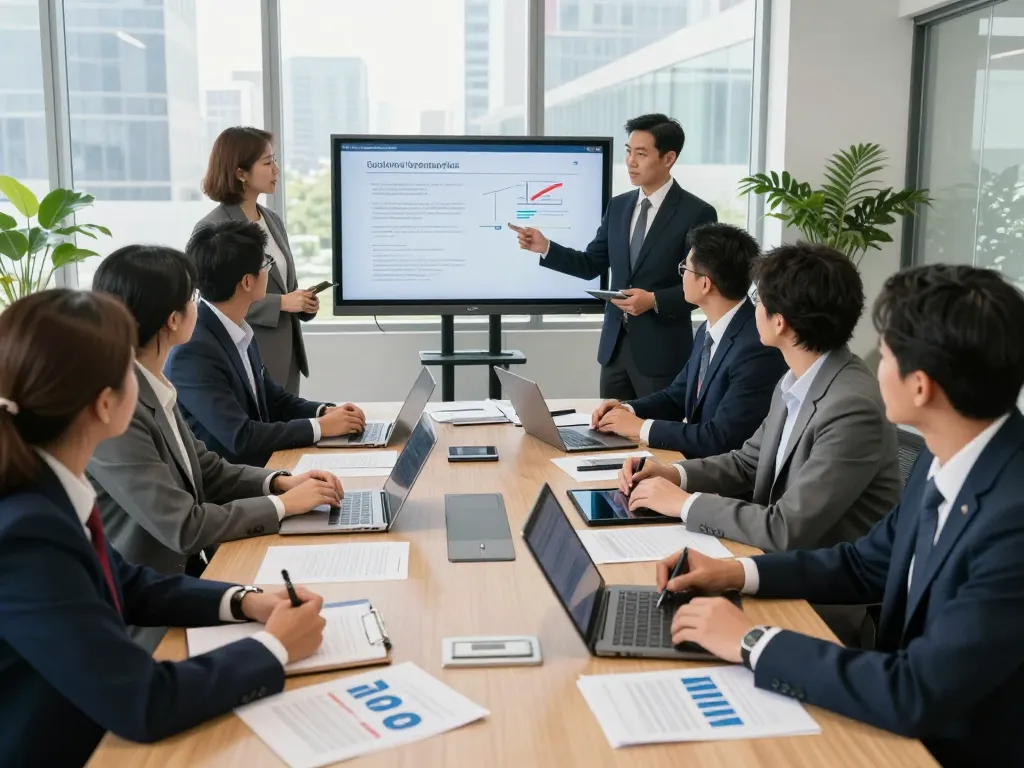 Group of USA lawyers collaborating in a modern law office, showcasing teamwork and strategy discussion.