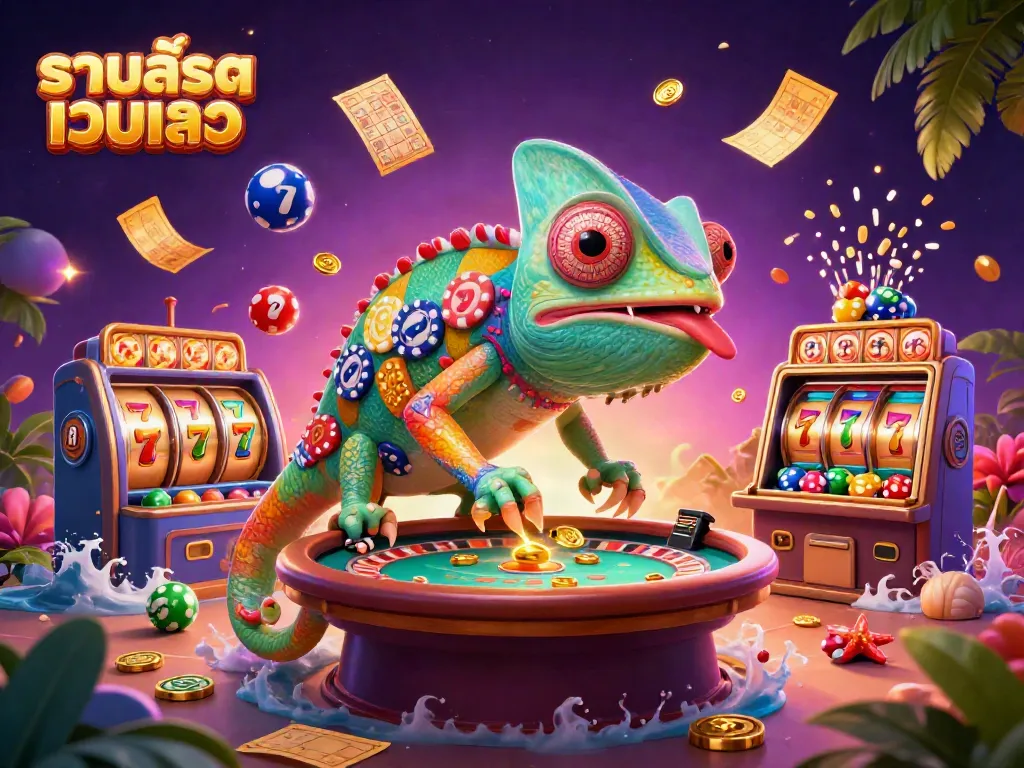 Experience the excitement of รวมสล็อตเว็บตรง with vibrant slot reels, chameleon casino owner, and dynamic lottery elements.