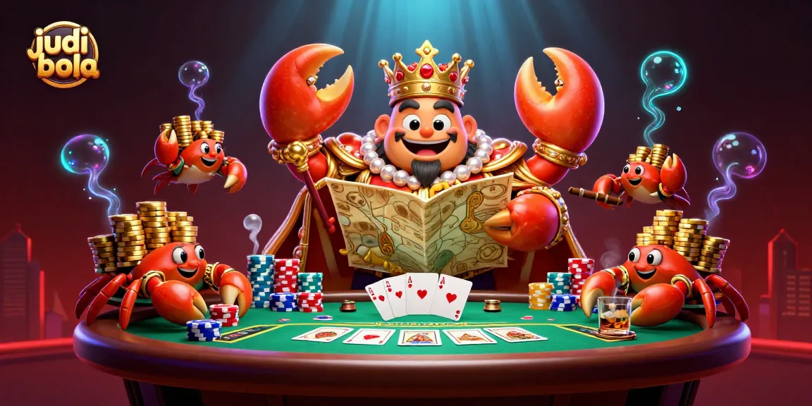 Experience judi bola with a vibrant scene showcasing a crab emperor and poker elements, enhancing gaming excitement.