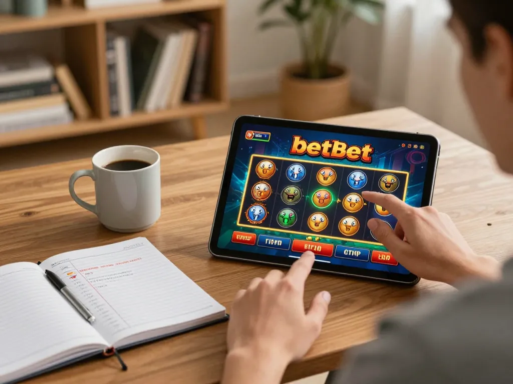 Player engaging with betbet casino app on a tablet in a cozy home setting, showcasing online gambling experience