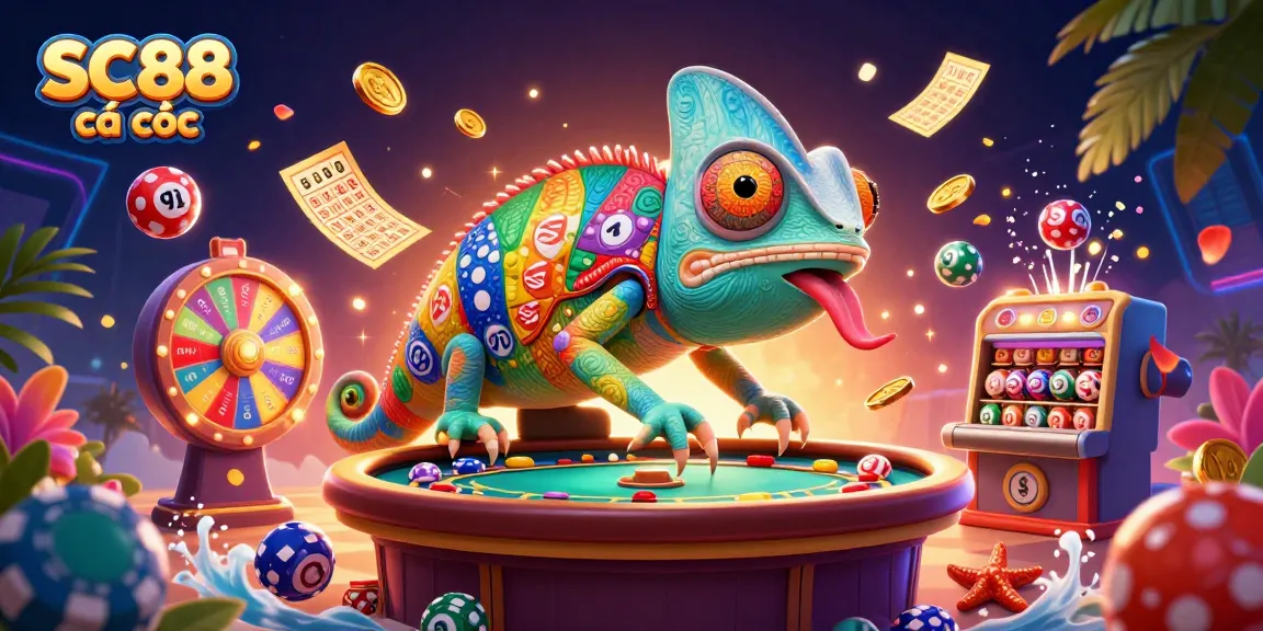 Engaging scene of SC88 cá cược with chameleon casino owner amid vibrant lottery elements and dynamic gaming visuals.