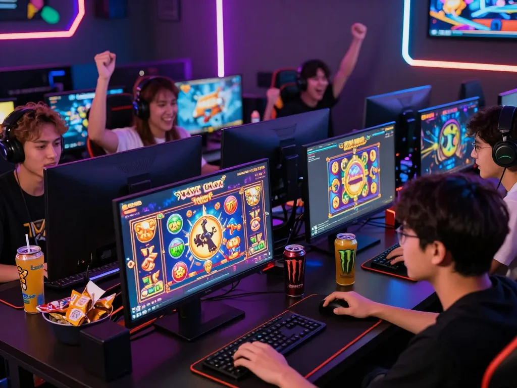 Players enjoying slot gacor games in a lively gaming lounge filled with energy.
