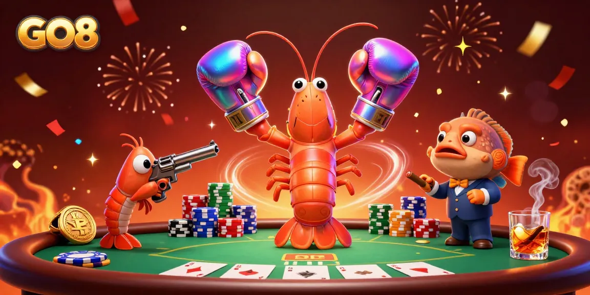 Engage with GO8's thrilling poker scene featuring vibrant cartoon characters and intense action.
