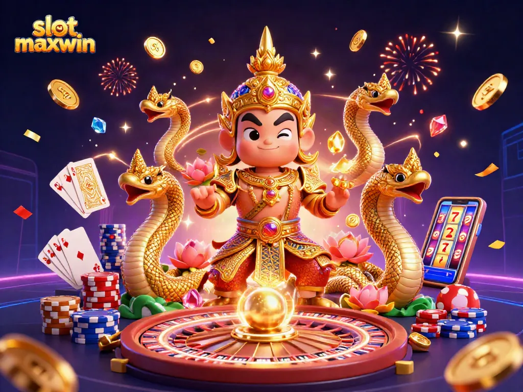 Win big with slot maxwin in this vibrant casino-themed 3D illustration featuring lucky elements.