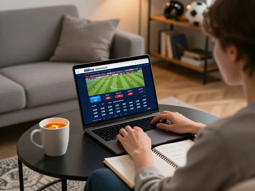 Person engaged in online sports betting on 888top's platform, showcasing a cozy gaming setup with strategies.
