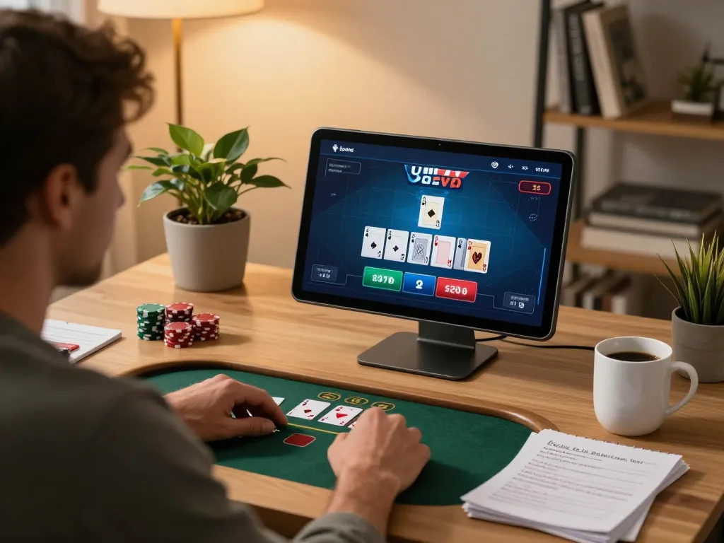 lu888 player engaged in intense online poker game at stylish home office desk