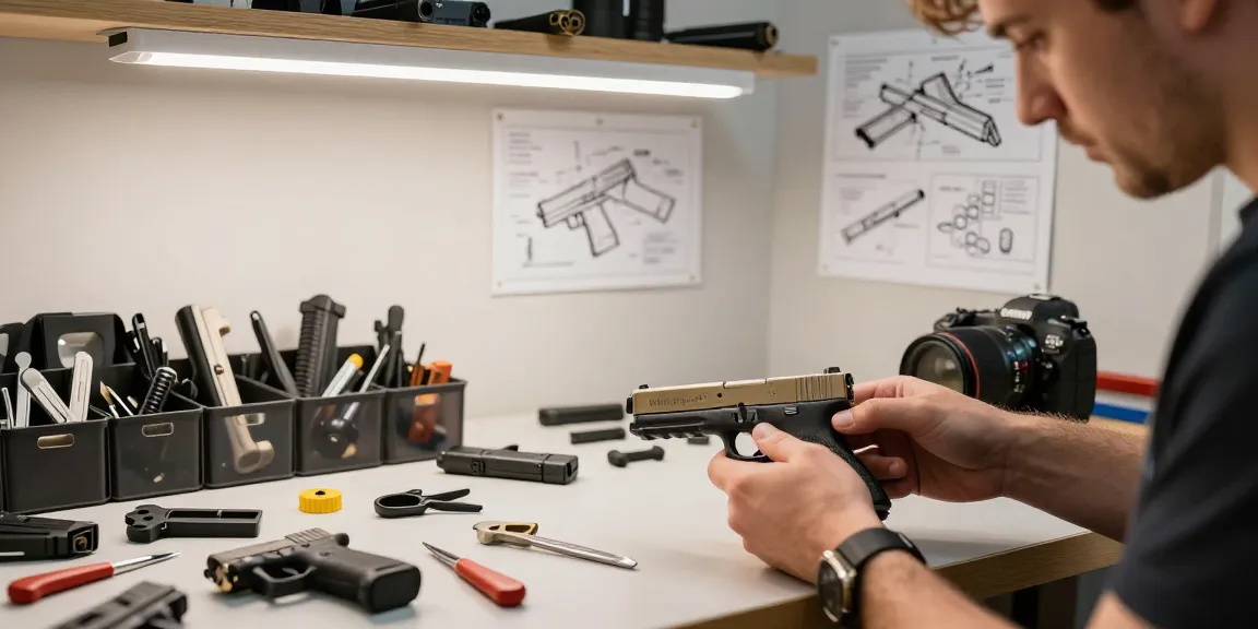 Detailed look at precision Glock slide assembly process at https://precisionglockslides.com with expert tools and workspace.