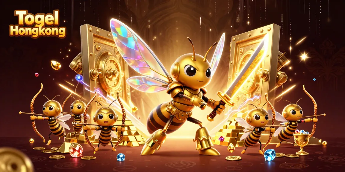 Engage with the excitement of Togel Hongkong in this vibrant 3D illustration featuring gaming characters and treasures.