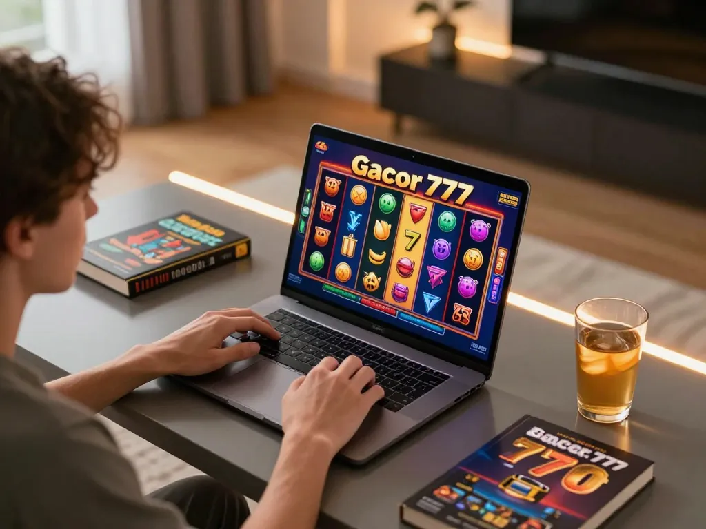 Player enjoying an online slot gacor 777 game on a laptop in a cozy home setting, emphasizing immersive gaming atmosphere.