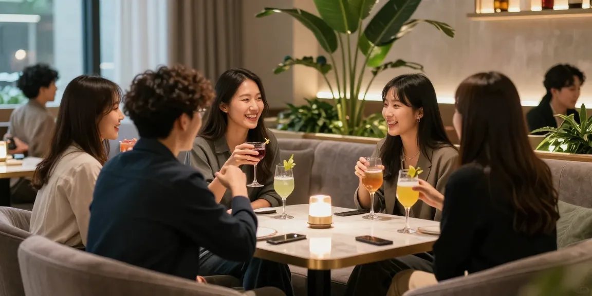 강남쩜오 멀리건에서 친구들이 즐겁게 대화하며 음료를 마시는 내부 장면.