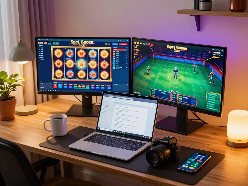 Player engaging with Slot Gacor Dewagg on dual screens at home, showcasing online gaming strategy.