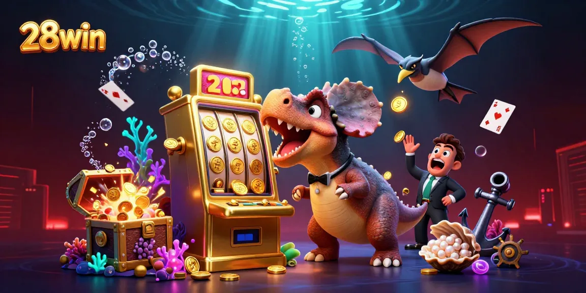 Experience the thrill of 28win as a pachycephalosaurus jackpot bursts coins while a casino manager reacts.