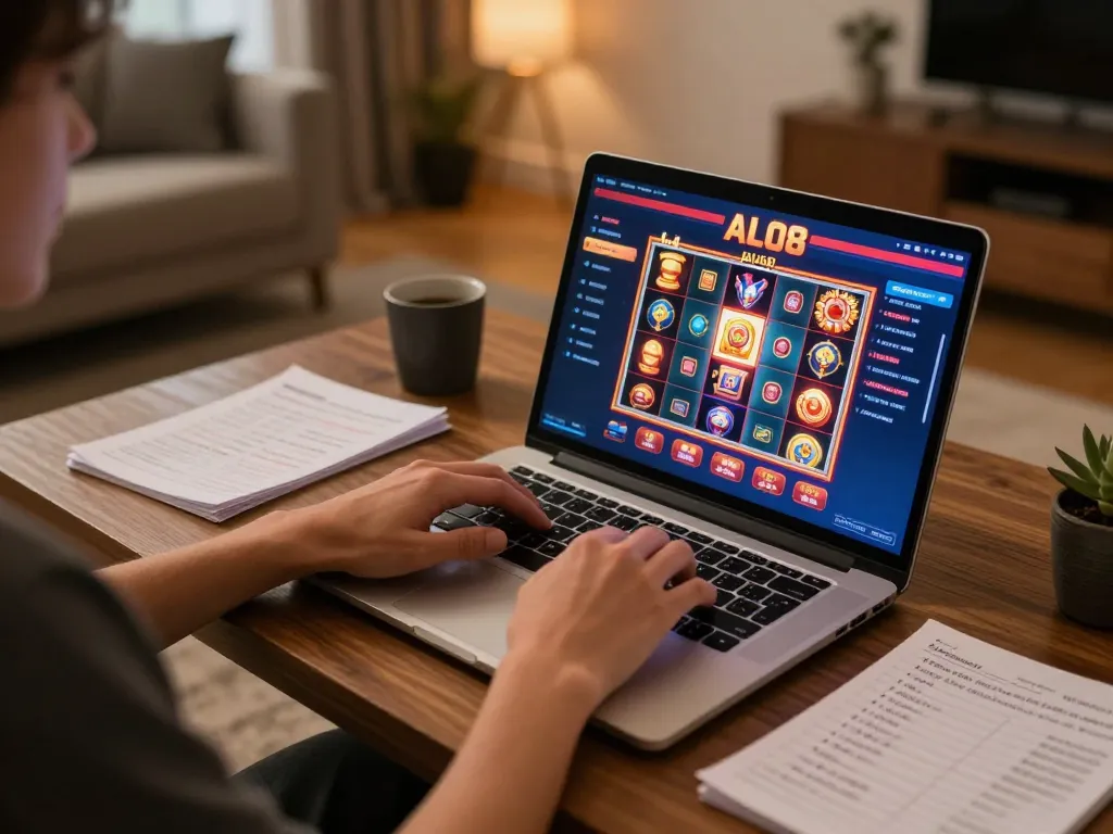 Engaged player enjoying ALO8 online gaming on their laptop in a cozy atmosphere.
