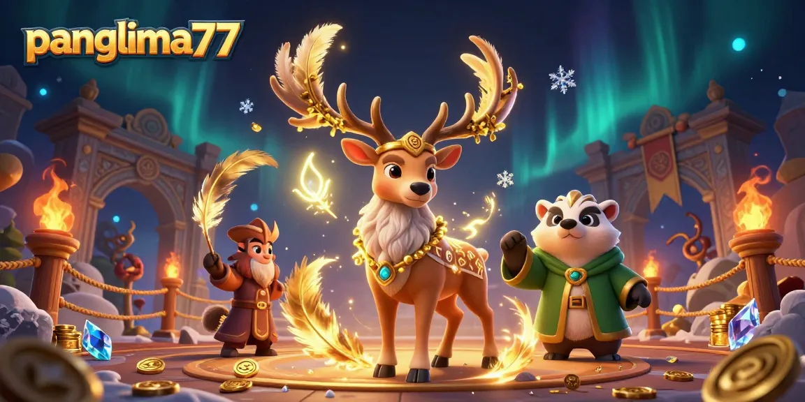 Experience the thrill of panglima77 with this vibrant illustration showing a Celtic stag and badger in a dynamic casino setting.