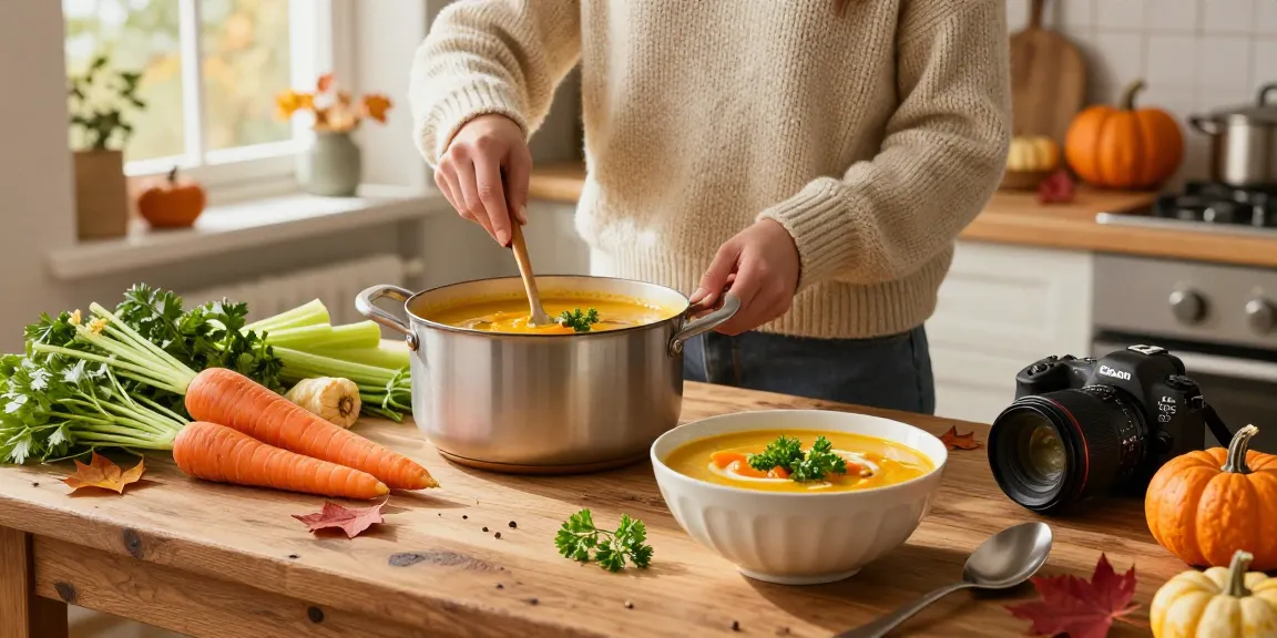 Leckere vegane Suppe in einer gemütlichen Kücheneinstellung, die Vegane Suppen mit frischem Gemüse und warmer Atmosphäre hervorhebt.