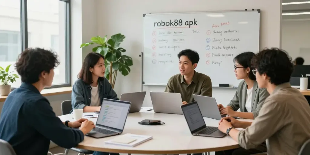 Group discussing trends and updates on rokok88 apk in a modern workspace.