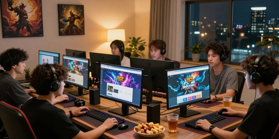 Friends enthusiastically exploring 안전 토토사이트 options on multiple monitors in a cozy gaming space.