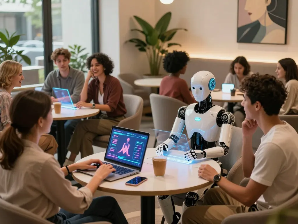 Engaging group discussing ai sex with humanoid robots in a futuristic lounge.