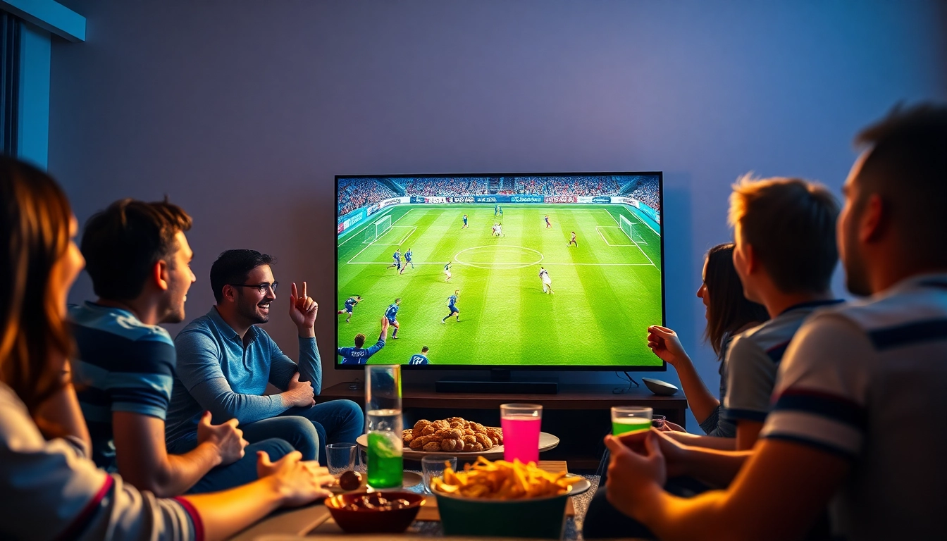 Streaming bolakami saat pertandingan sepak bola dengan penonton antusias di ruang tamu.