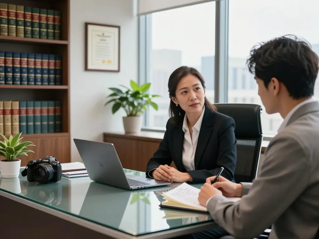 Attorney consulting with a client about American legal services in a modern office.