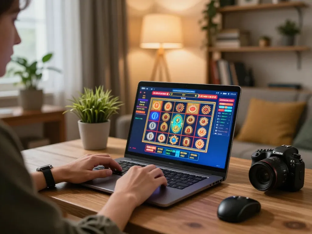 Player enjoying sun win slot games from a cozy home setup, illustrating online gambling entertainment.