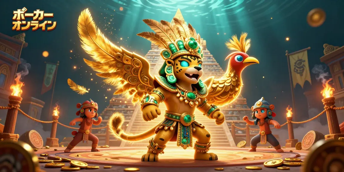 ポーカーオンラインで遊ぶカジノシーン、煌めくコインと華やかなキャラクターが魅力的なビジュアルを演出