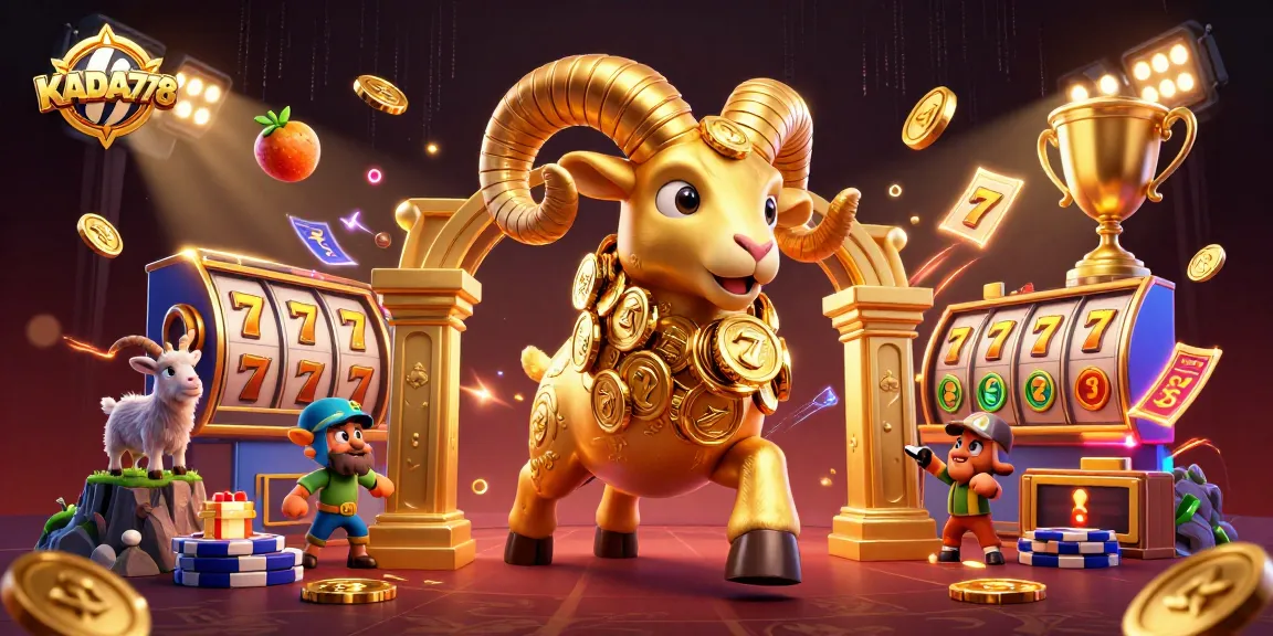 KADAL778 features a golden ram charging through a casino with slot reels and dynamic elements.
