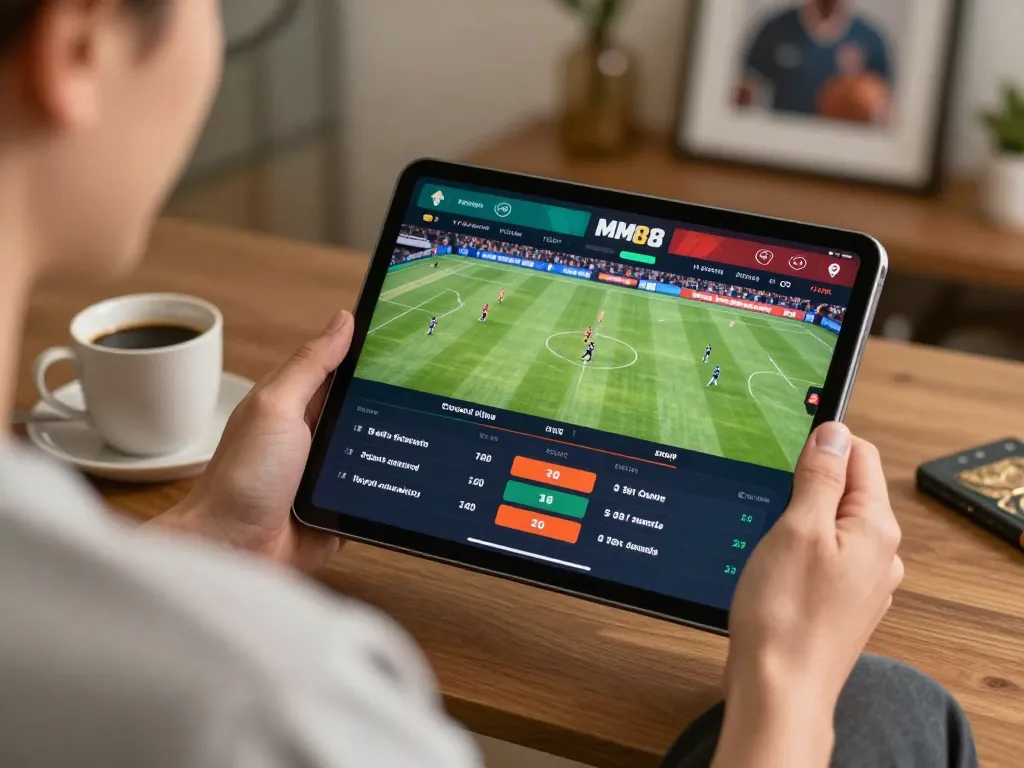 Engaged user checking MM88 sports betting app during live game at home