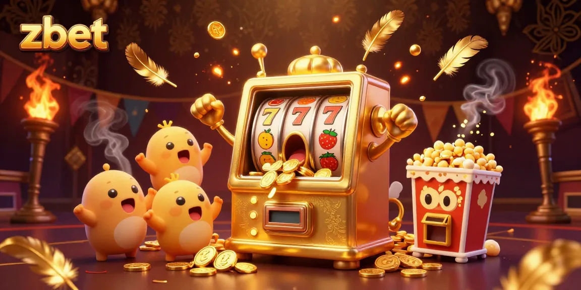 Engage with zbet's thrilling jackpots as a cartoon slot machine celebrates a big win surrounded by cheering companions.