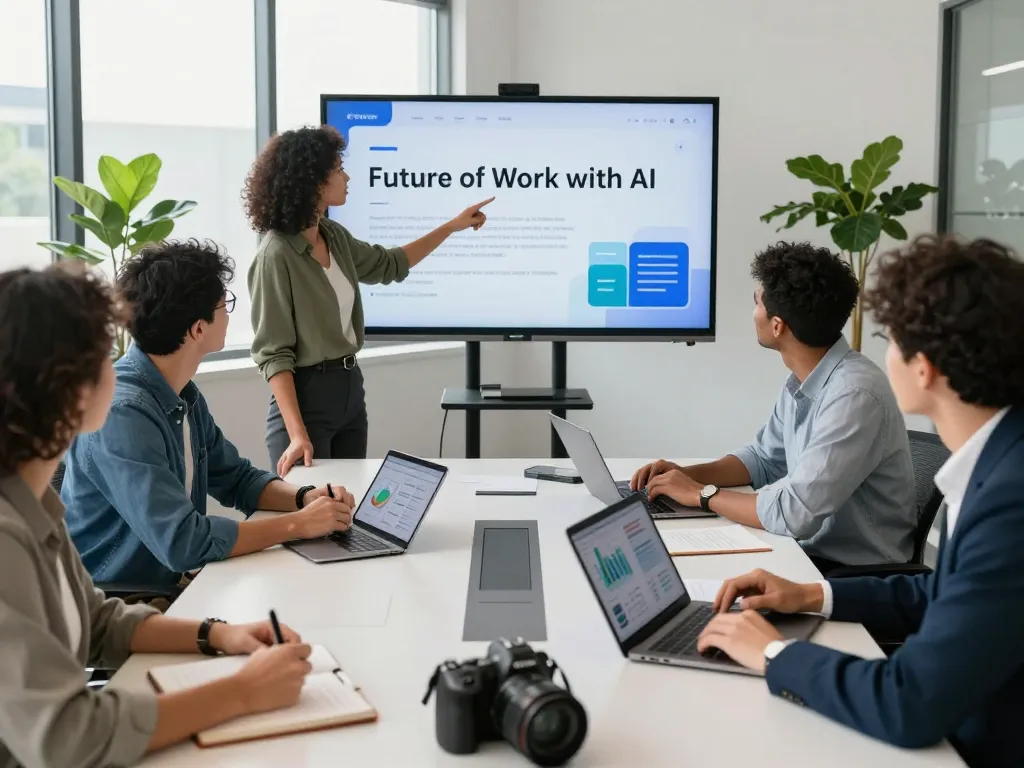 Team brainstorming on AI tools replacing entry-level jobs in a modern workspace, showcasing collaboration and innovation.