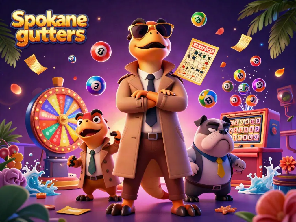 Engaging Spokane gutters scene with whimsical raptors and dynamic lottery elements in a vibrant casino setting.