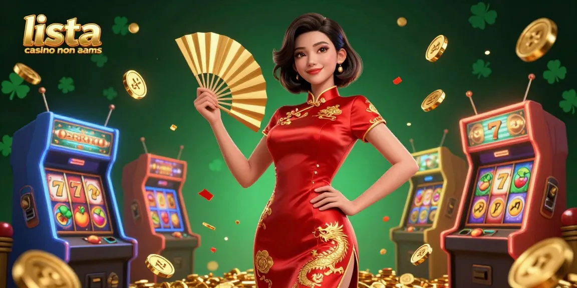 Scopri l'atmosfera vibrante dei casino non AAMS con una donna asiatica fotorealistica tra monete d'oro e rulli di slot colorati.