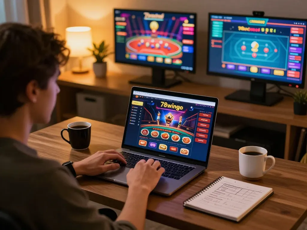 Engaging online gaming with 78wingo mobile app on laptop, cozy betting environment.