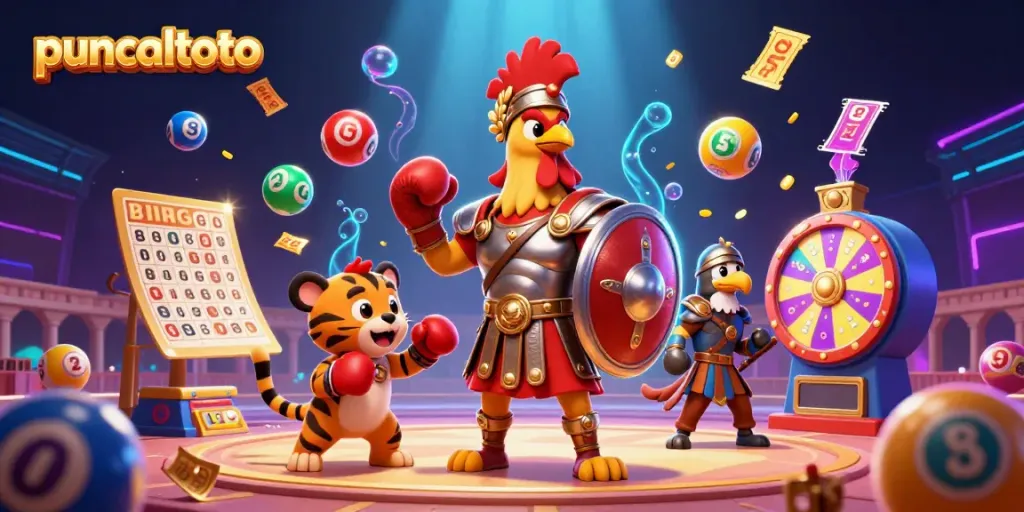 Puncaktoto merayakan permainan togel 4D dengan karakter kartun menarik dan bola undian berwarna-warni.